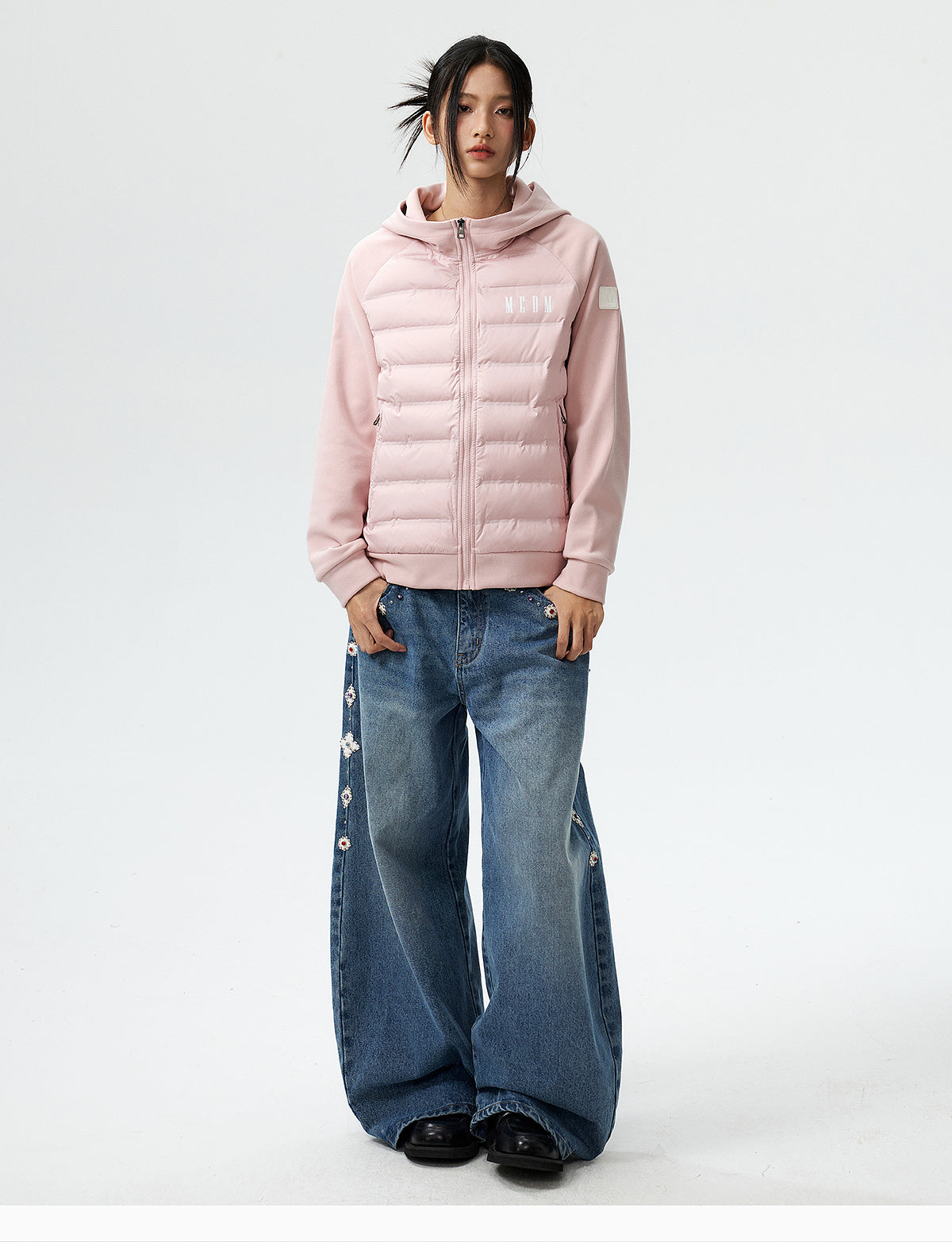MEDM Patchwork Raglan Sleeve Lightweight Hooded Down Jacket