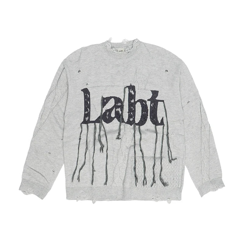 Labt Fringe Lanyard Logo Distressed Knit Sweater