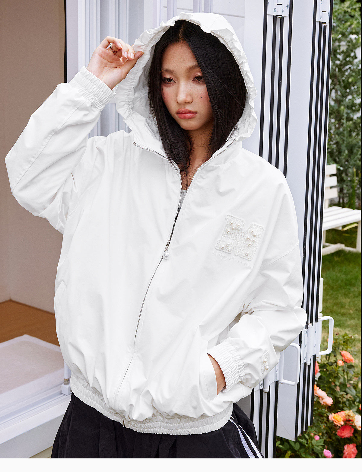 MEDM Pearl Logo Lace Hooded Zip Jacket