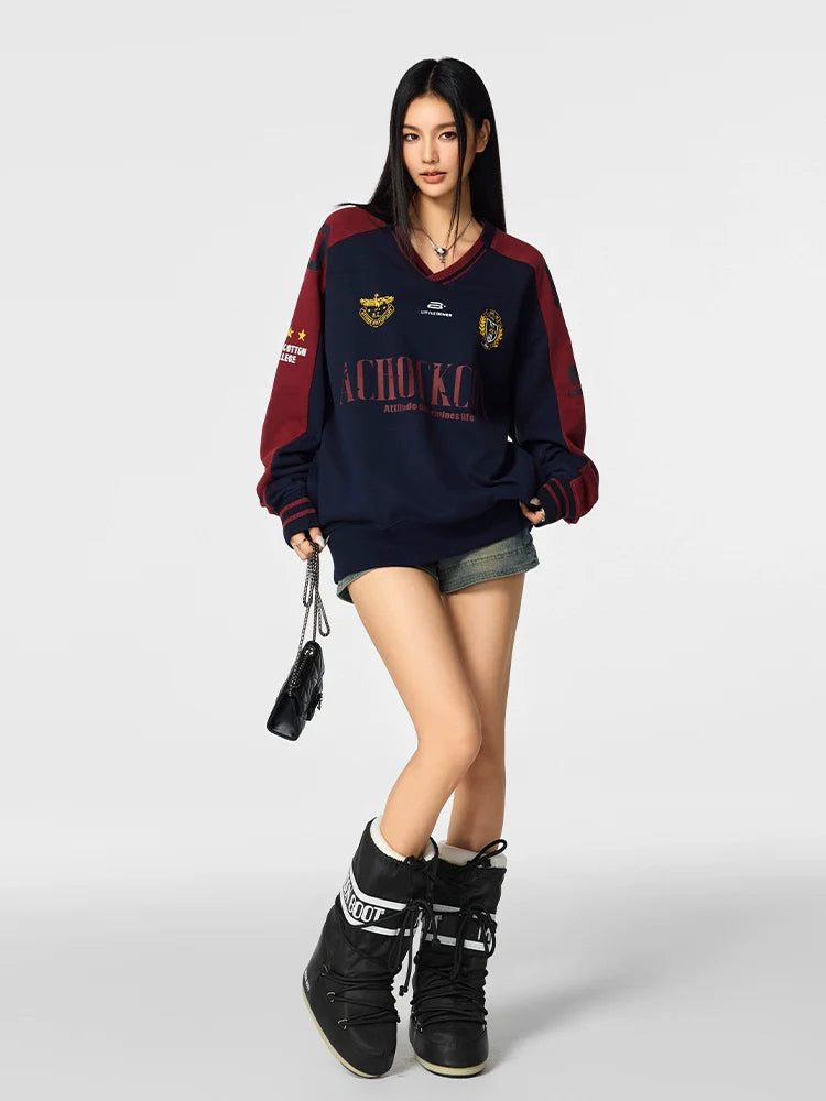 Achock Letter Printed Color Blocked V-Neck Sweatshirt