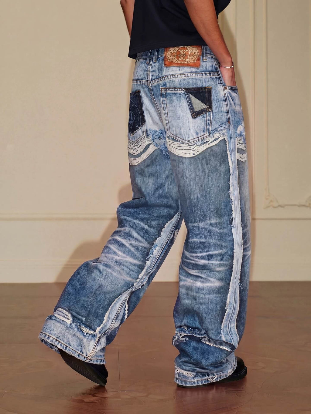 YADcrew Vintage Distressed Denim Print Loose Fit Wide Leg Jeans