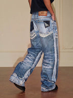 YADcrew Vintage Distressed Denim Print Loose Fit Wide Leg Jeans