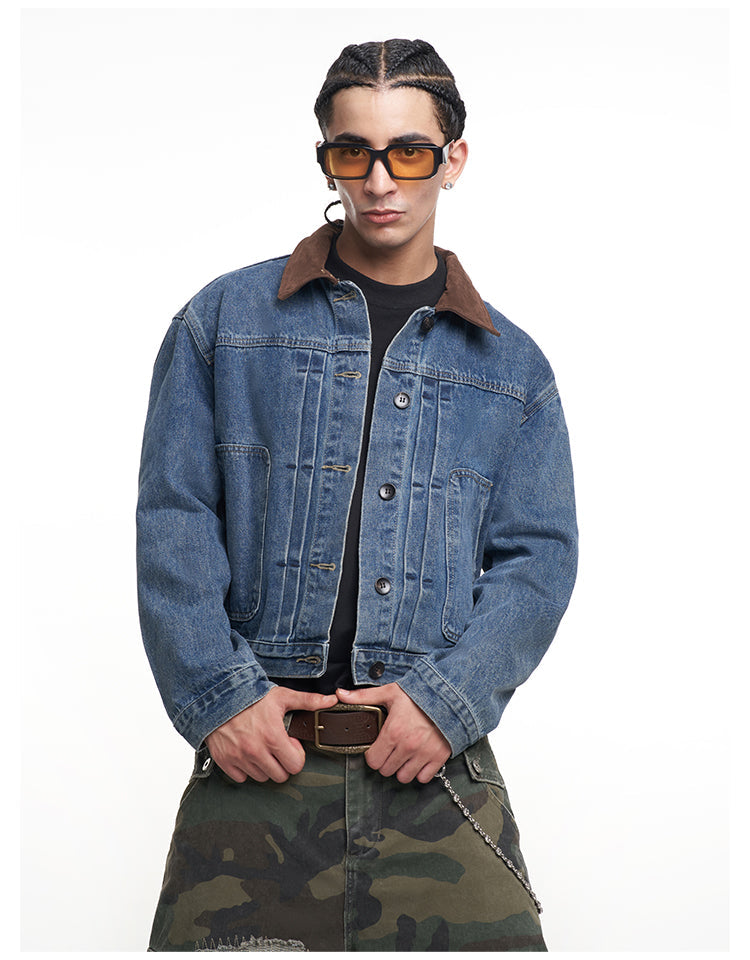 F3F Select Suede Lapel Washed Denim Jacket