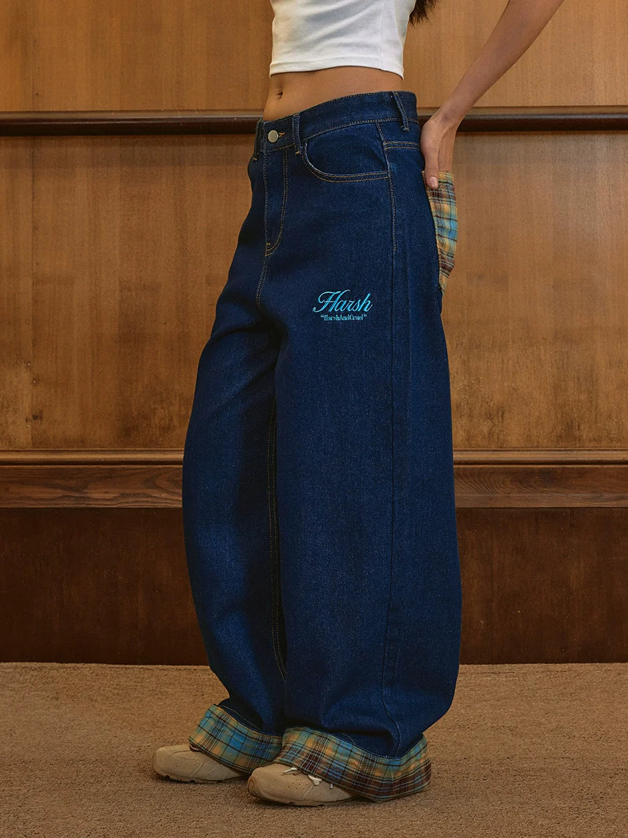 Harsh and Cruel Plaid Trim Cuffed Pocket Jeans