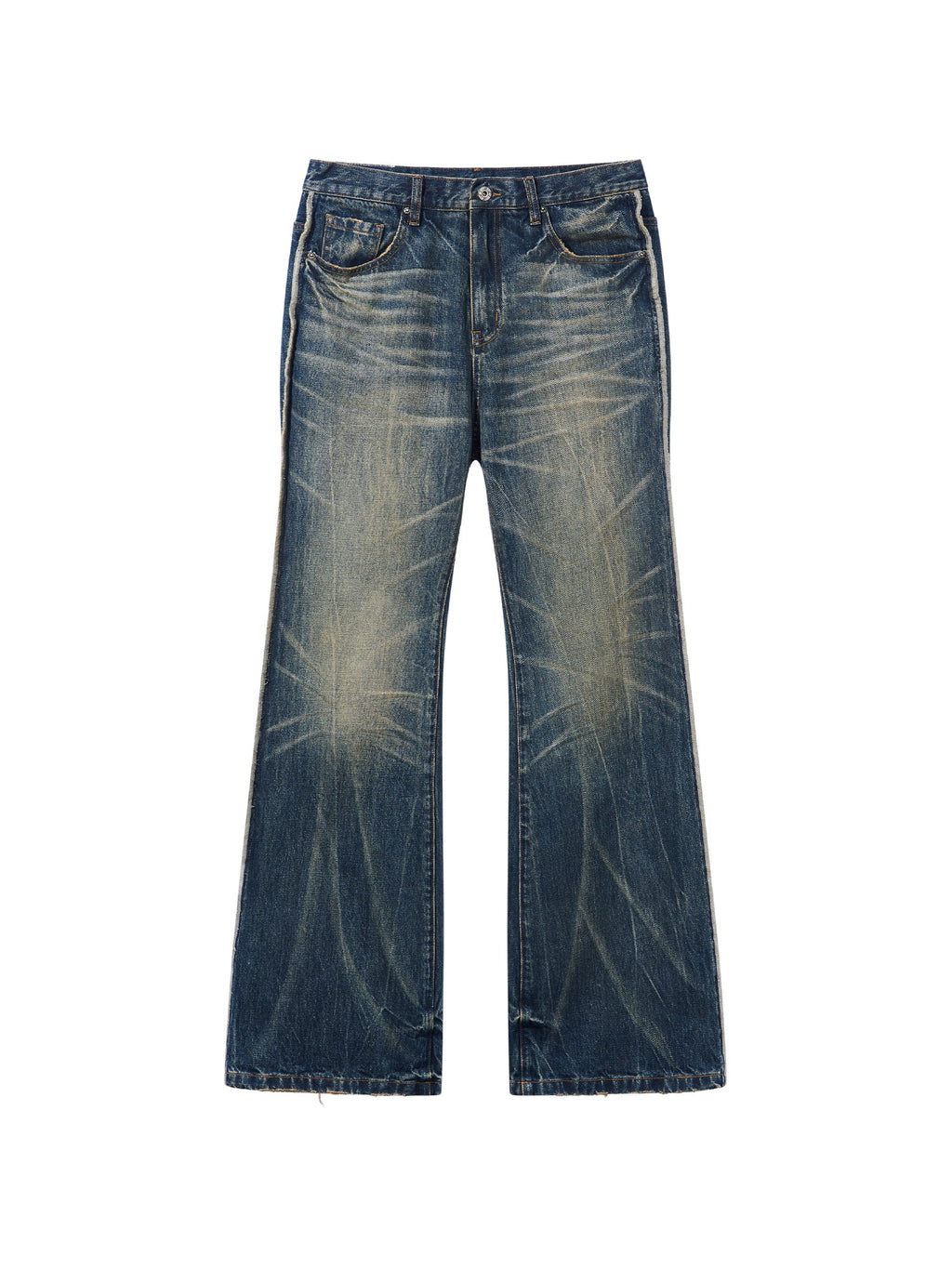 BLIND NO PLAN Blue Washed Whiskered Distressed Bootcut Jeans