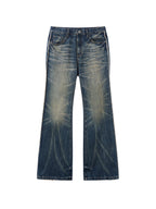 BLIND NO PLAN Blue Washed Whiskered Distressed Bootcut Jeans