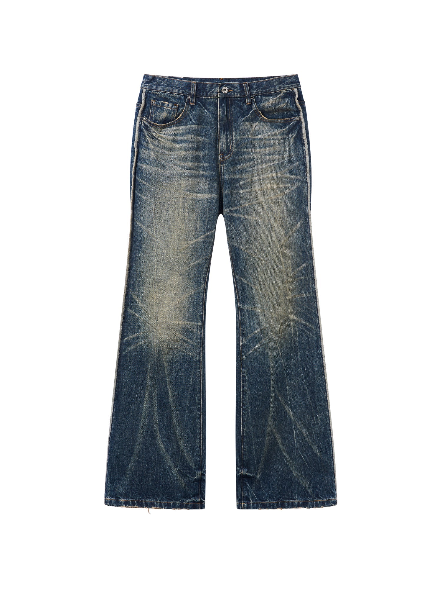 BLIND NO PLAN Blue Washed Whiskered Distressed Bootcut Jeans
