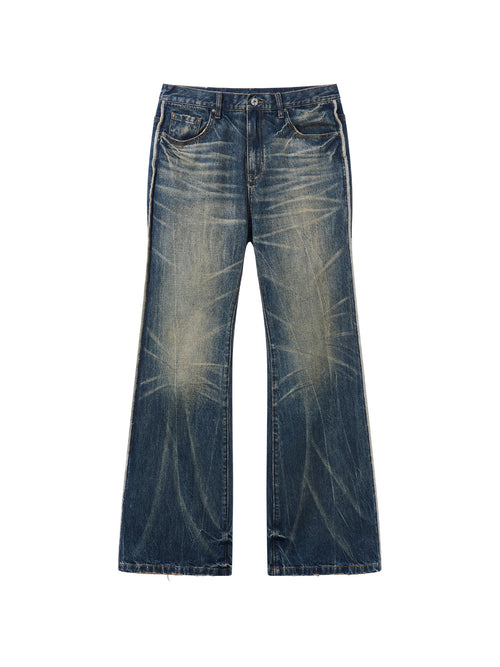 BLIND NO PLAN Blue Washed Whiskered Distressed Bootcut Jeans