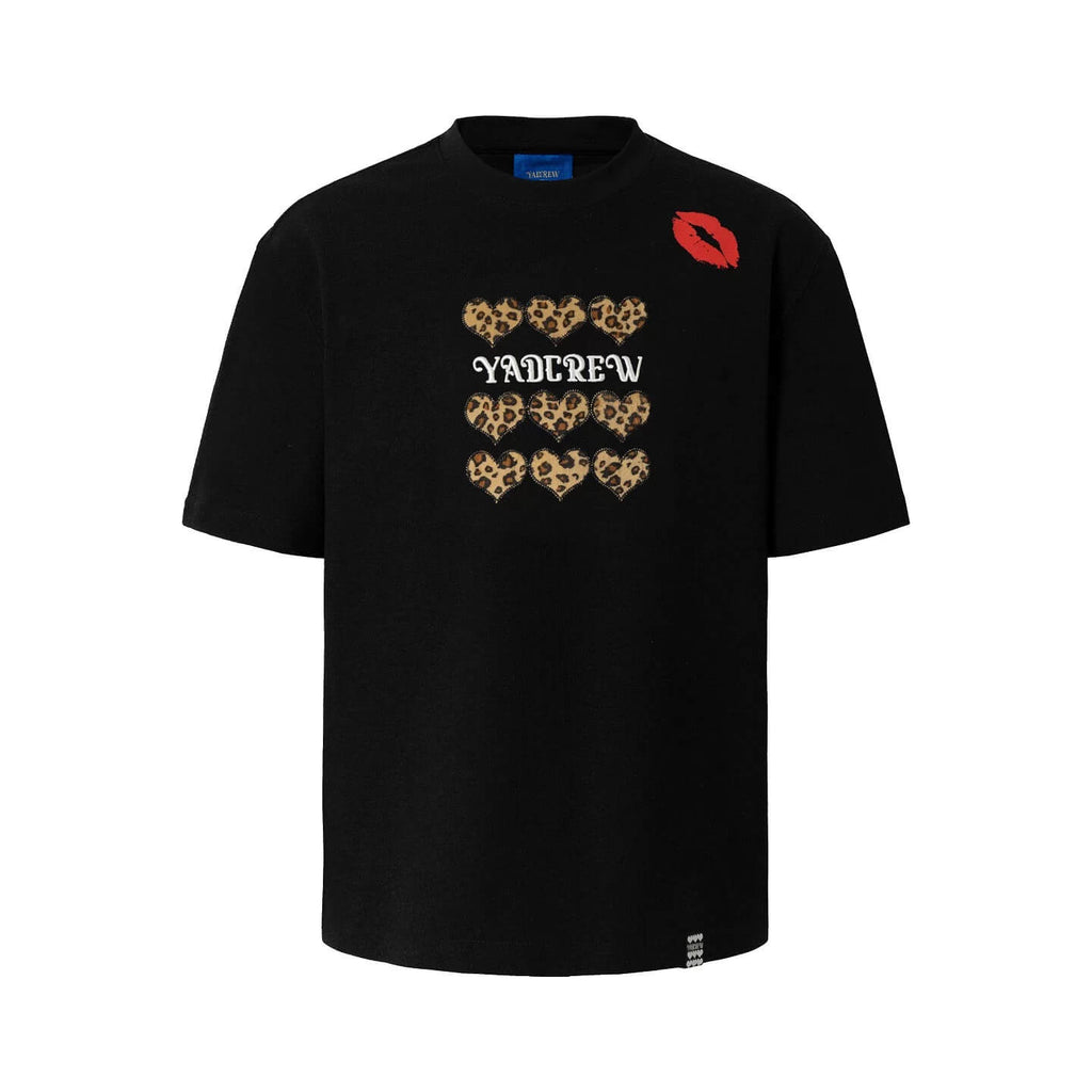 YADcrew Leopard Heart Patch Kiss Mark Tee