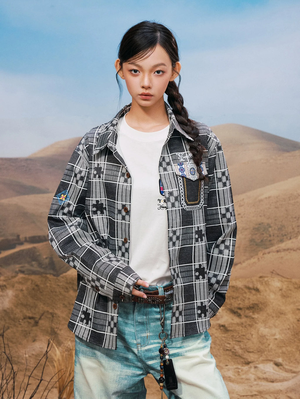 YADcrew Ethnic Pattern Plaid Long Sleeve Shirt