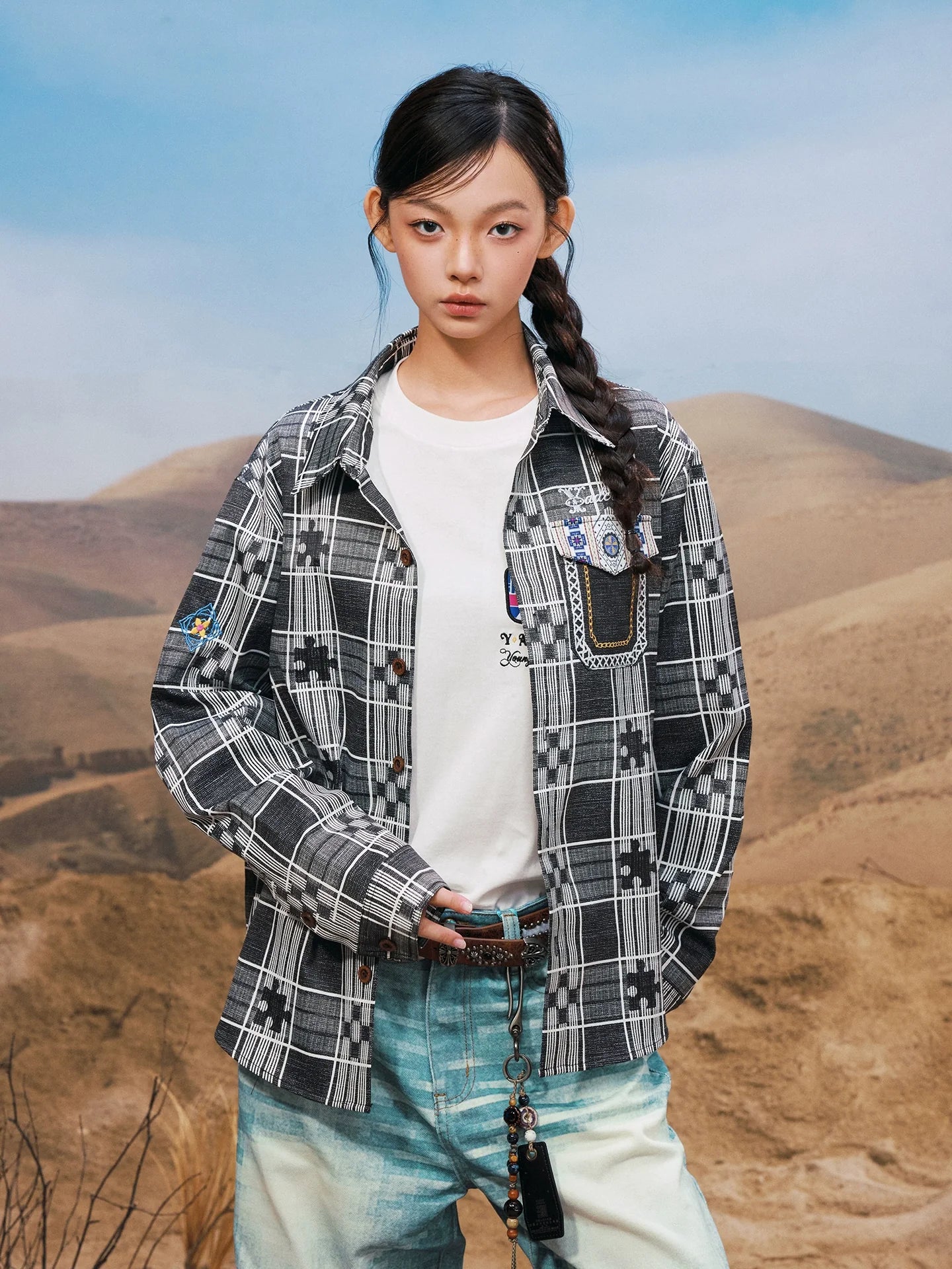 YADcrew Ethnic Pattern Plaid Long Sleeve Shirt