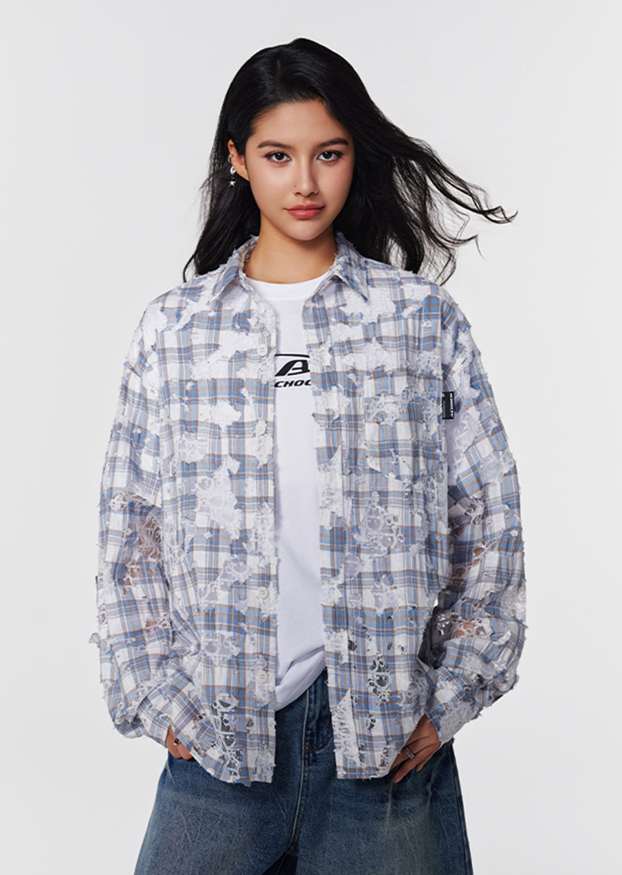 Achock Holes Lace Patches Plaid Long Sleeved Shirt