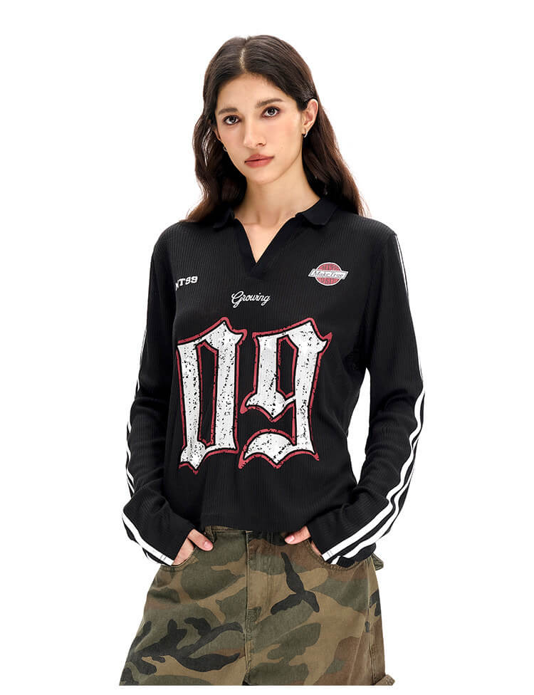 F3F Select Numbering Stripe Sleeve Mesh Long Sleeve Polo Jersey