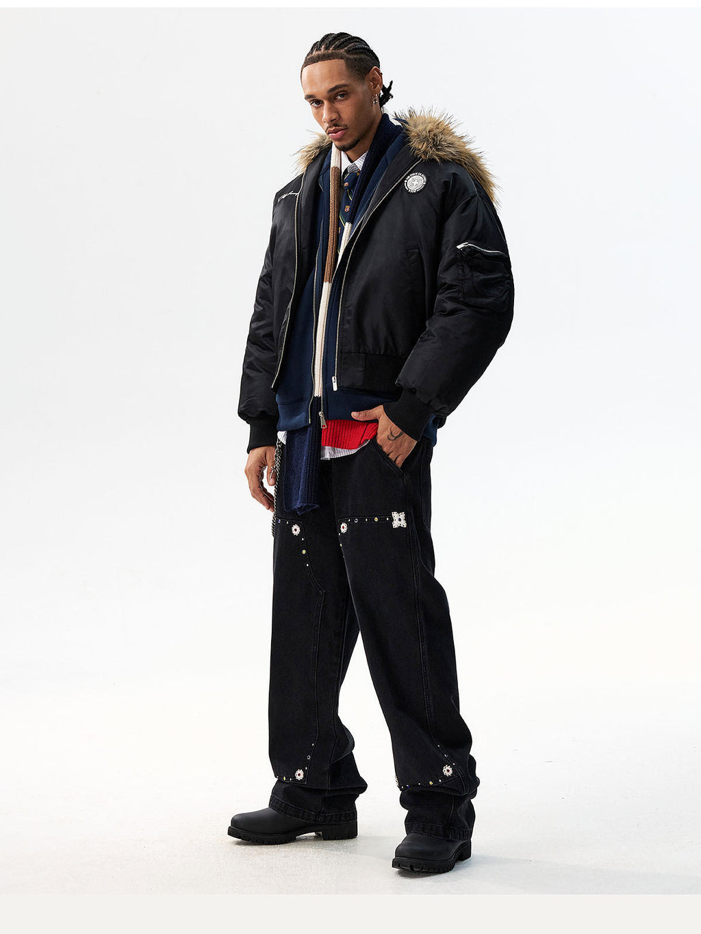 MEDM Silicone Logo Patch Fur Hooded Bomber Jacket