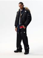 MEDM Silicone Logo Patch Fur Hooded Bomber Jacket