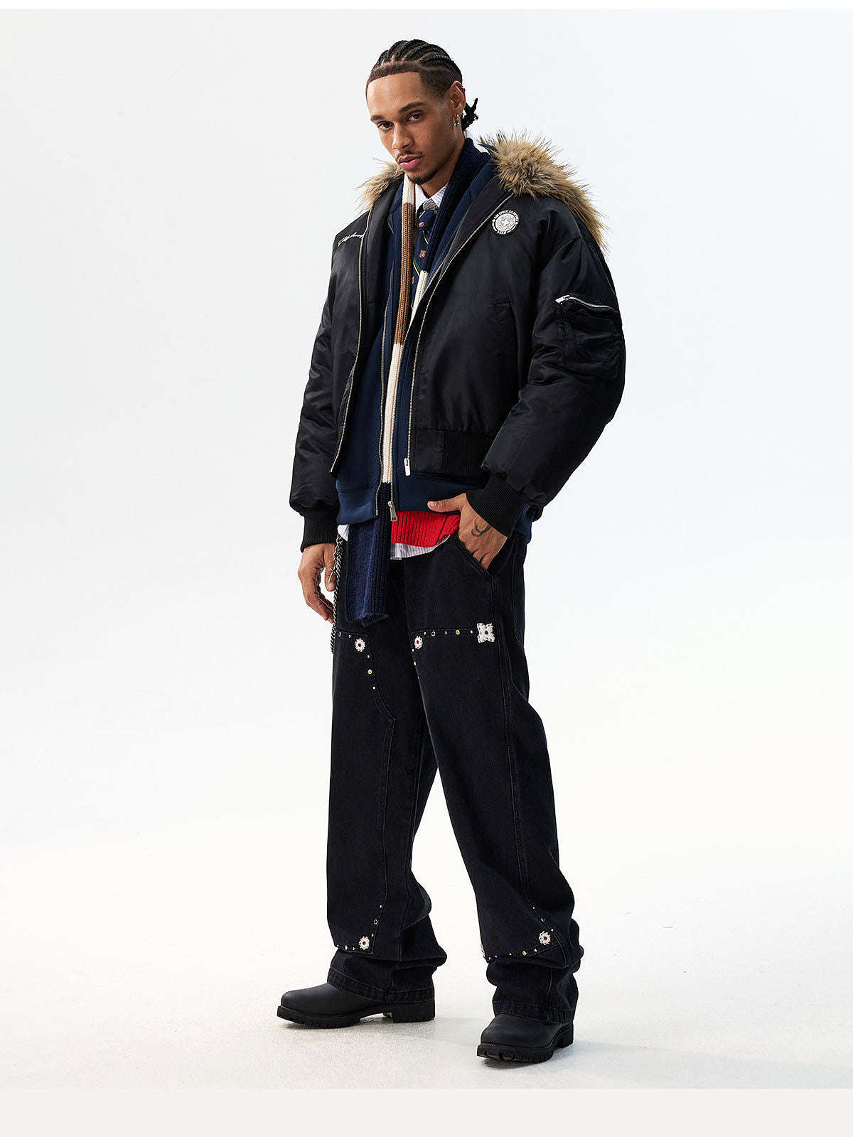 MEDM Silicone Logo Patch Fur Hooded Bomber Jacket