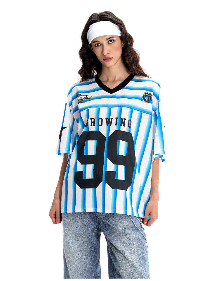 F3F Select Striped Mesh Star Print V Neck Short Sleeve Soccer Jersey