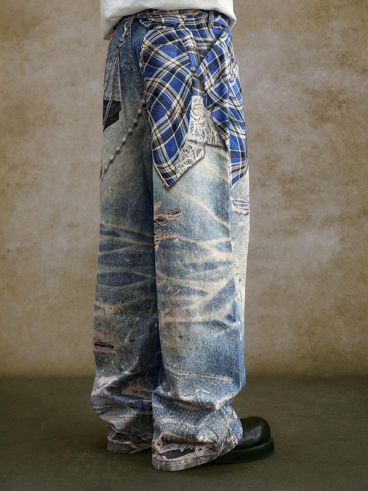 YADcrew Twisted Check Shirt 3D Digital Print Jeans