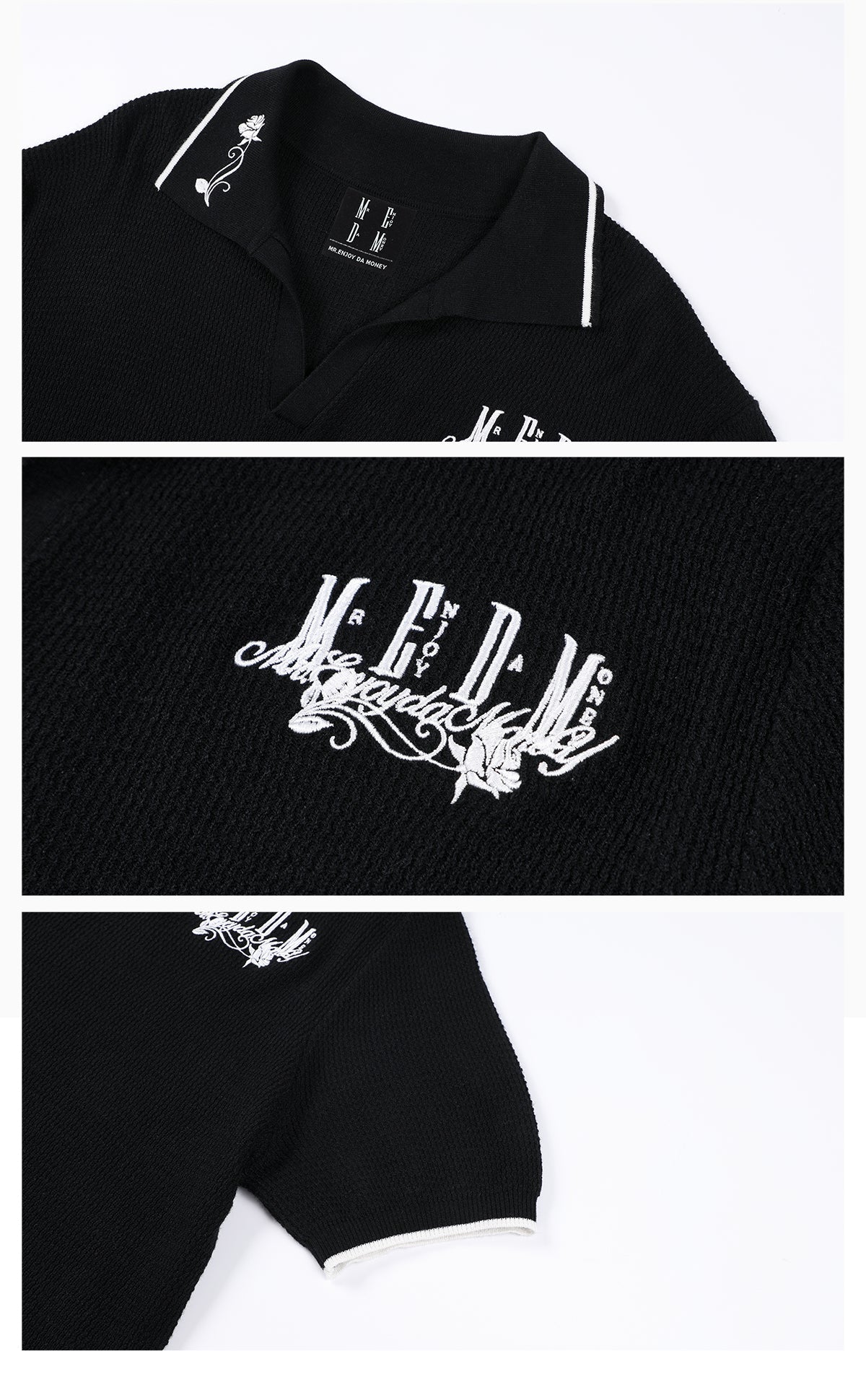MEDM Rose Embroidered Waffle Knit Polo