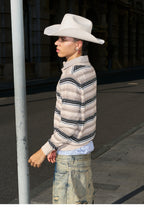 STEEPC Layered Design Knit Striped Long Sleeve Polo