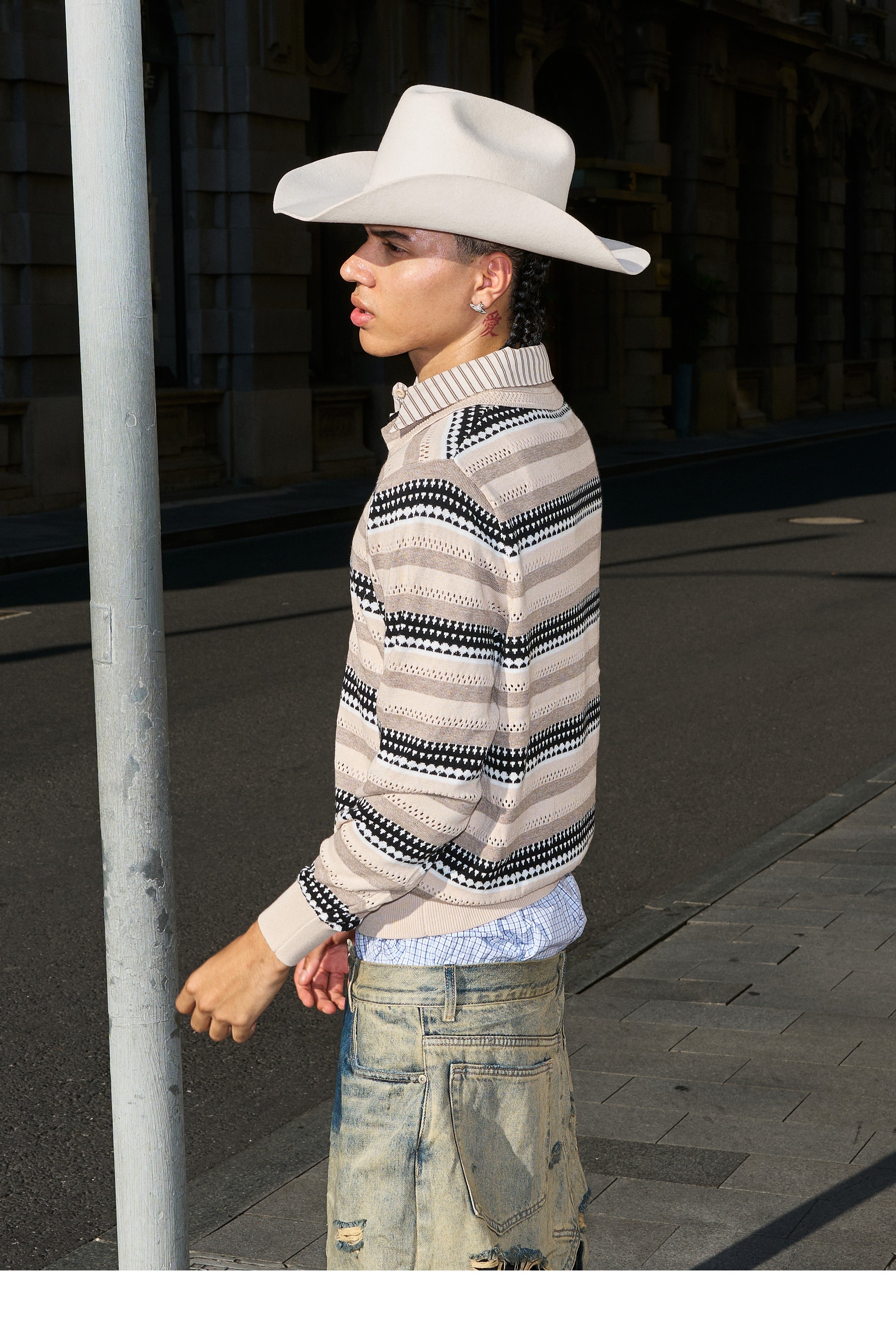 STEEPC Layered Design Knit Striped Long Sleeve Polo