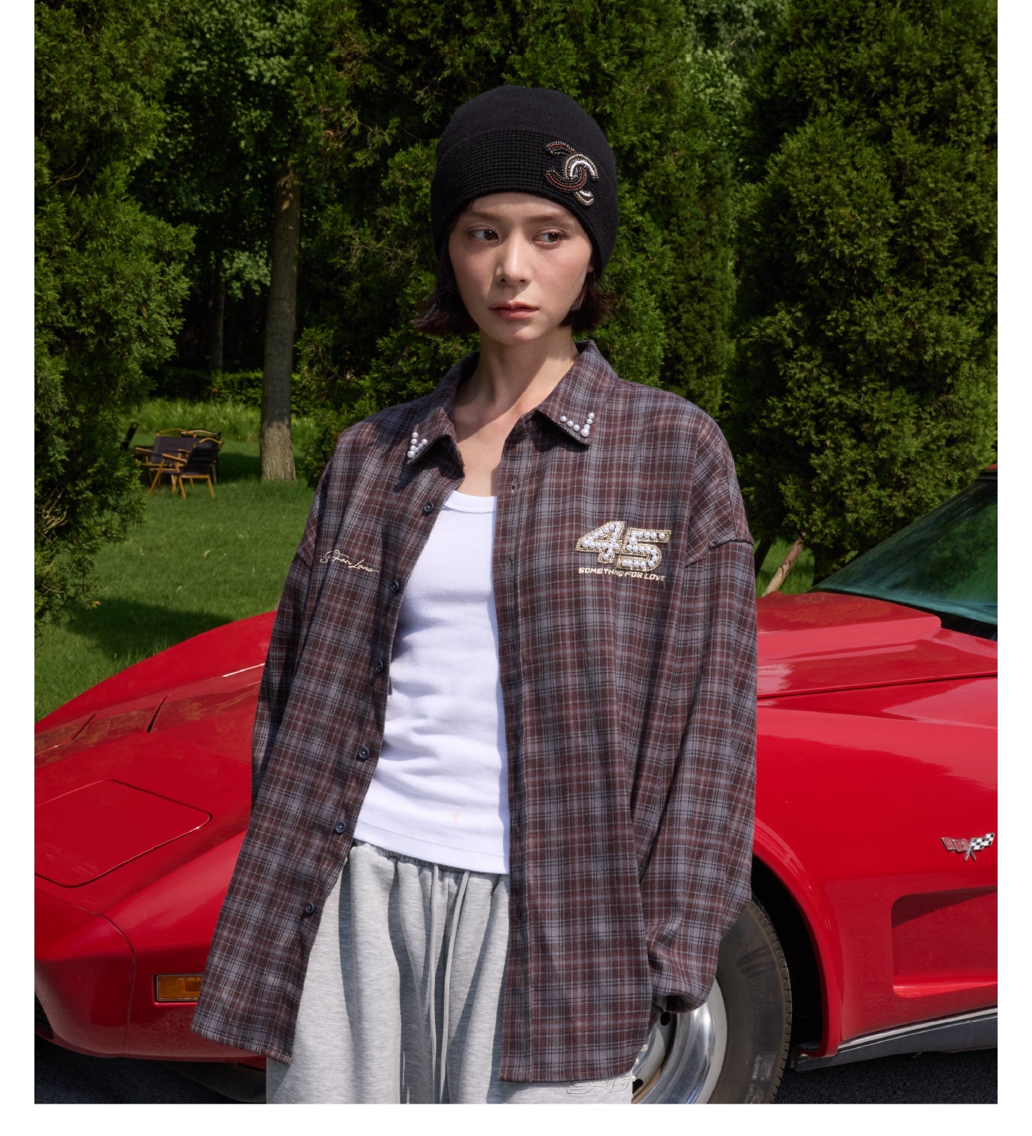 S45 Pearl Lapel Logo Plaid Long Sleeve Shirt