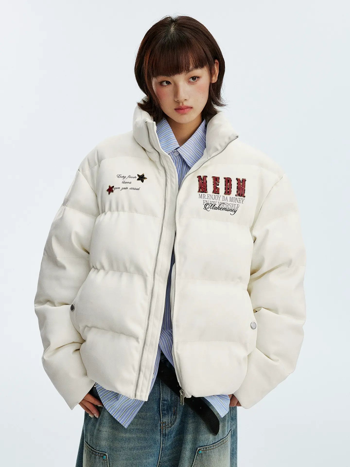 MEDM Leopard Patch PU Leather Puffer Jacket