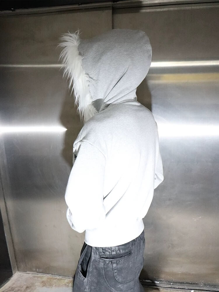Night Lab Riveted Faux Fur Hood Zip Up Hoodie