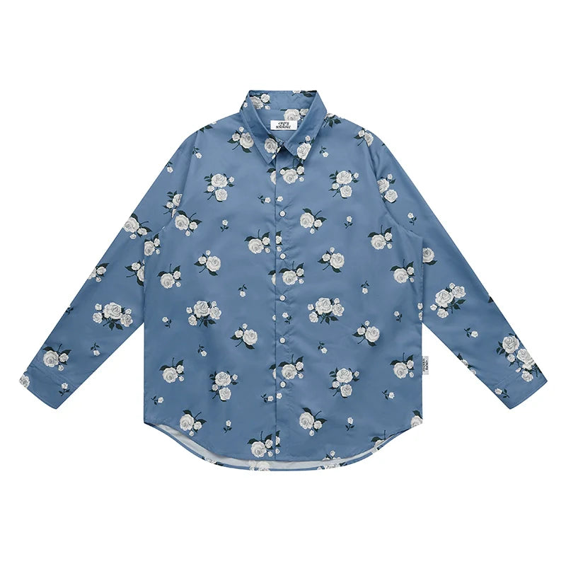 EMPTY REFERENCE Rose Print Blue Long Sleeve Shirt