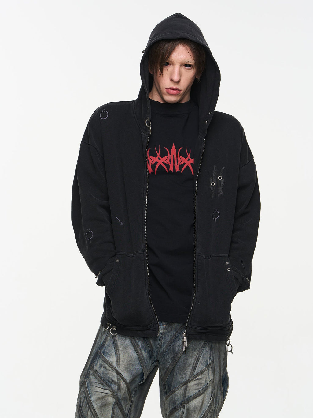 BLIND NO PLAN Washed Print Metal Detail Zip-Up Hoodie