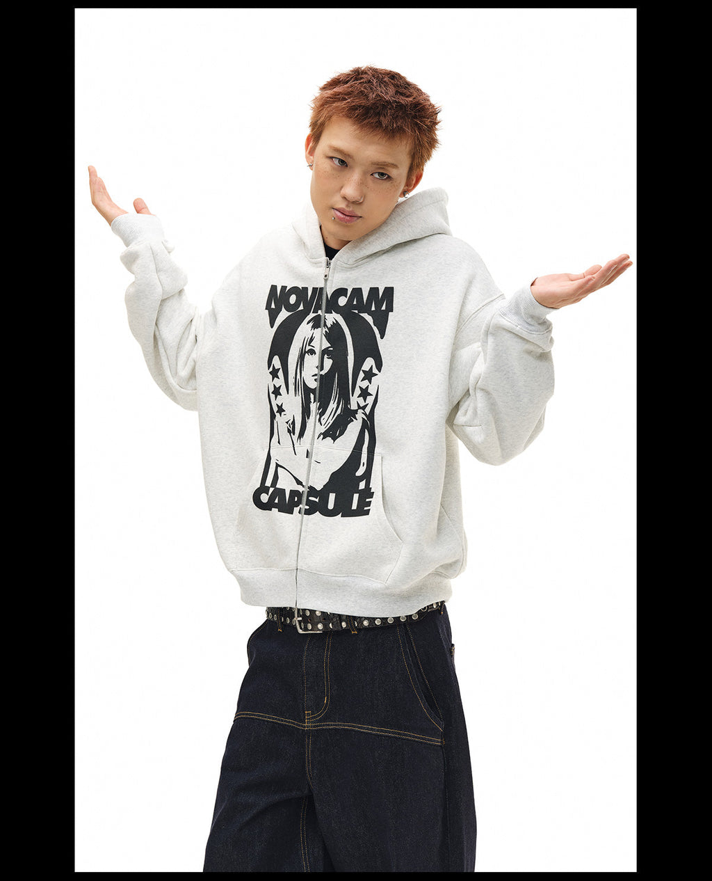 NOVACAM Vintage Print Zip Up Hoodie