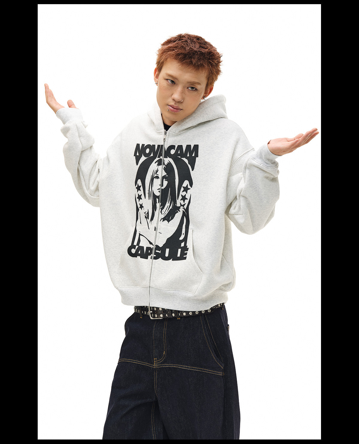 NOVACAM Vintage Print Zip Up Hoodie