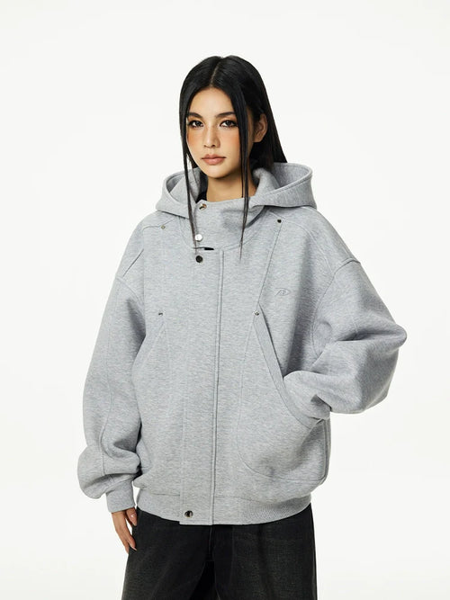 Achock Snap Button Wind Flap Zip Up Hooded Jacket