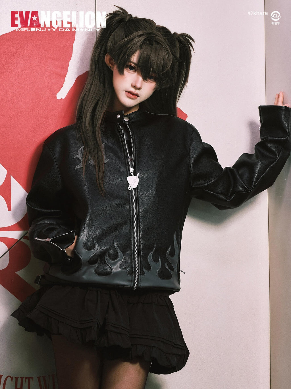MEDM x EVA NEVER END Flame Character Portraits PU Leather Biker Jacket