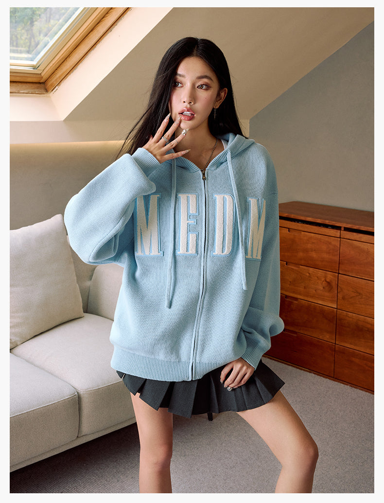 MEDM Basic Embroidered Logo Zip Up Knit Hoodie