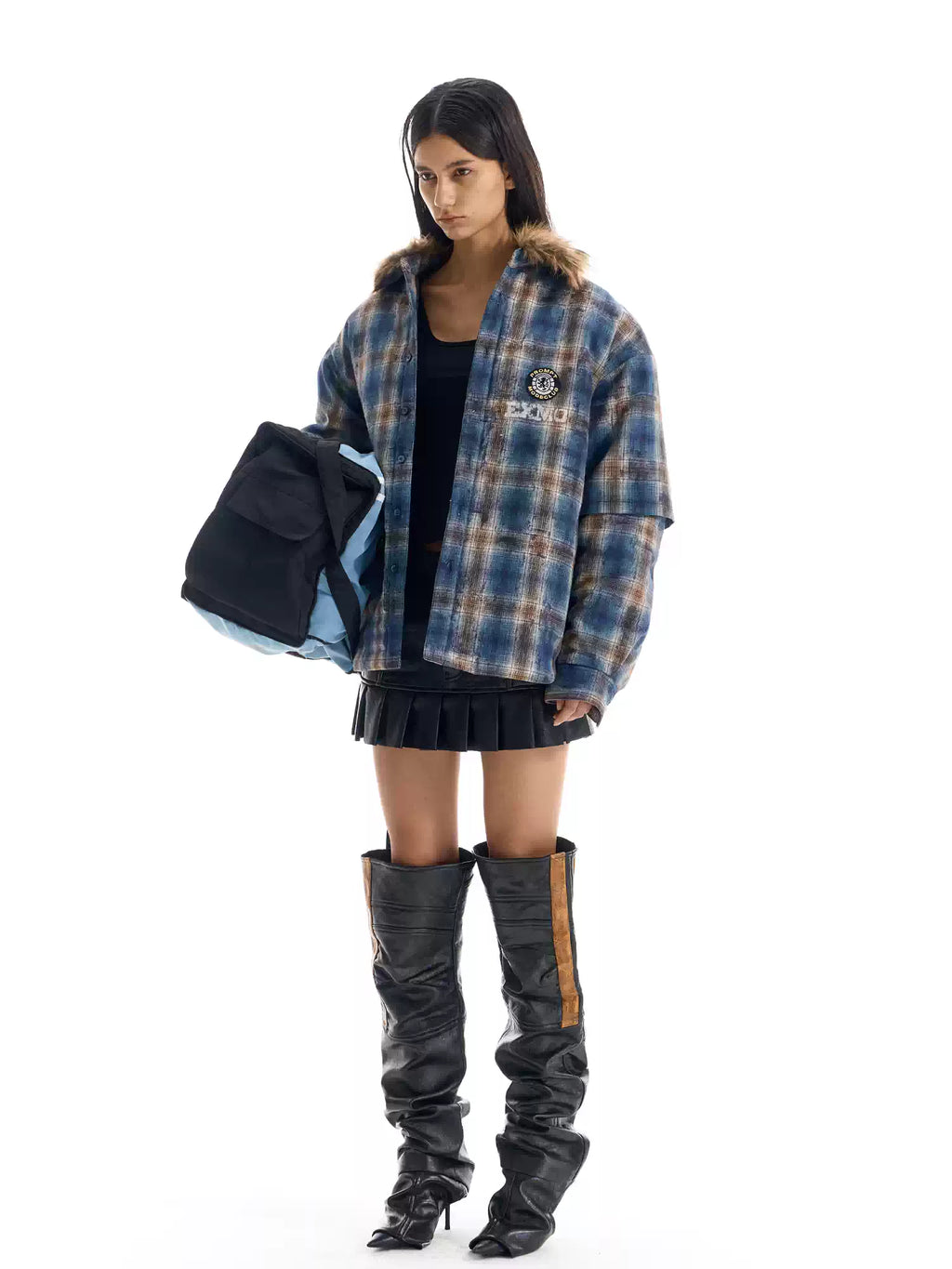 BLIND NO PLAN Fur Collar Plaid Padded Shirt Jacket