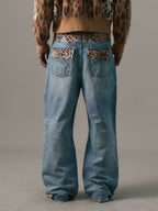S45 Leopard Patchwork Washed Flared Jeans