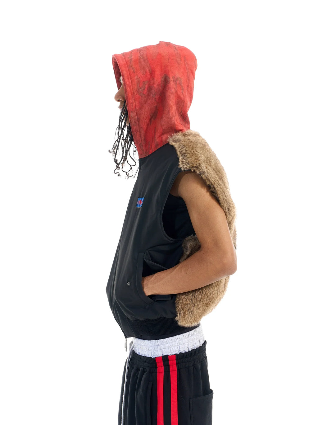 BLIND NO PLAN Patchwork Fur Hooded Vest