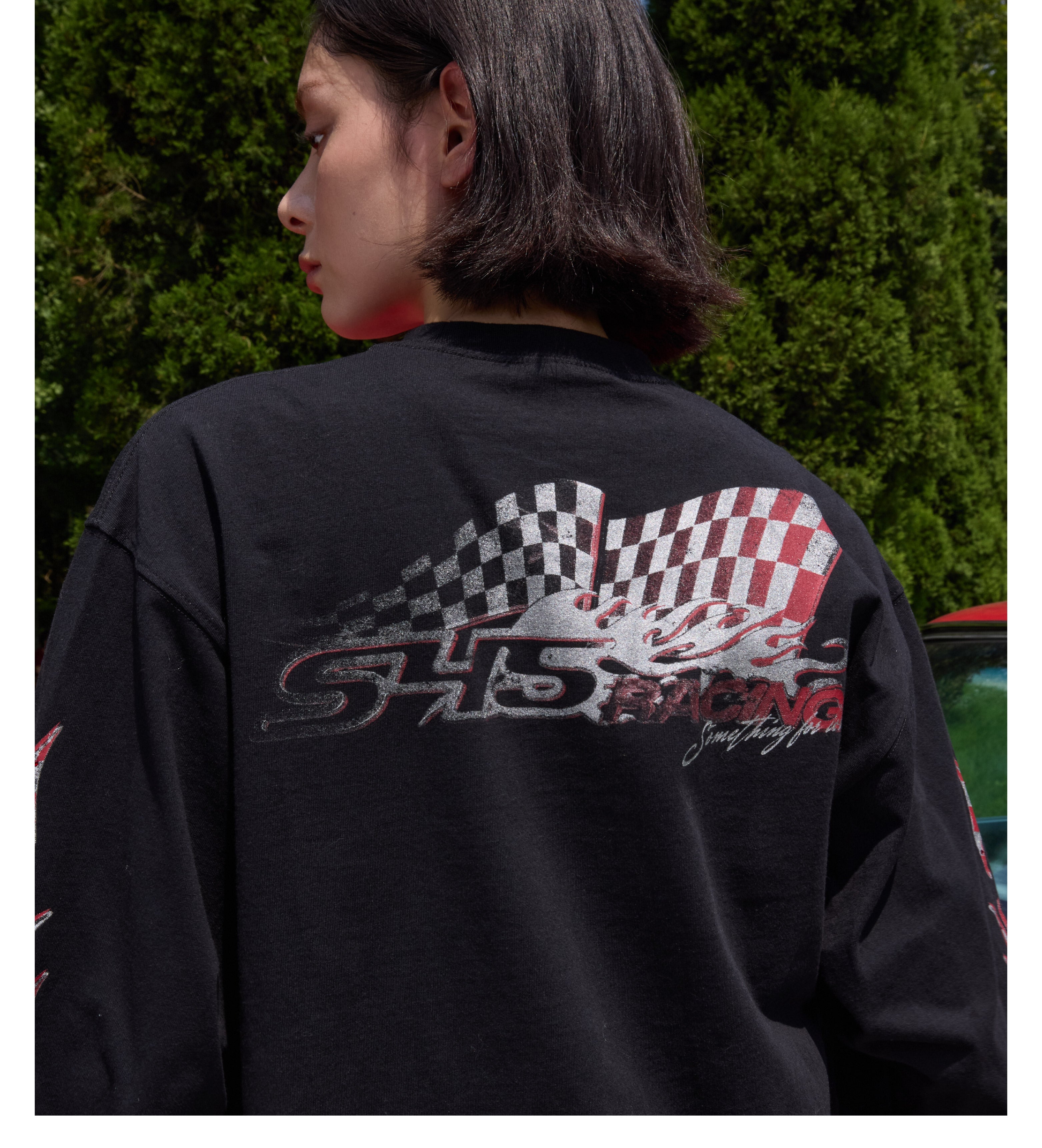 S45 Checkered Flag Flame Print Long Sleeve Tee