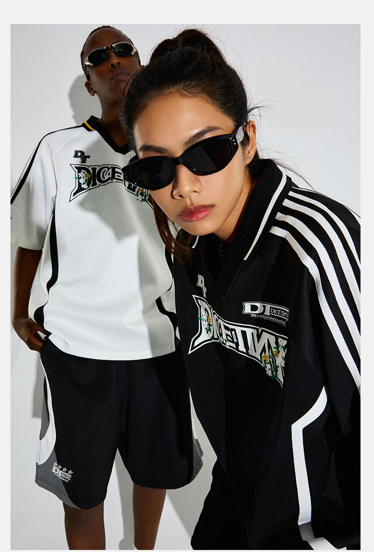 DICETINY Floral Logo Print Soccer Jersey Polo Shirt