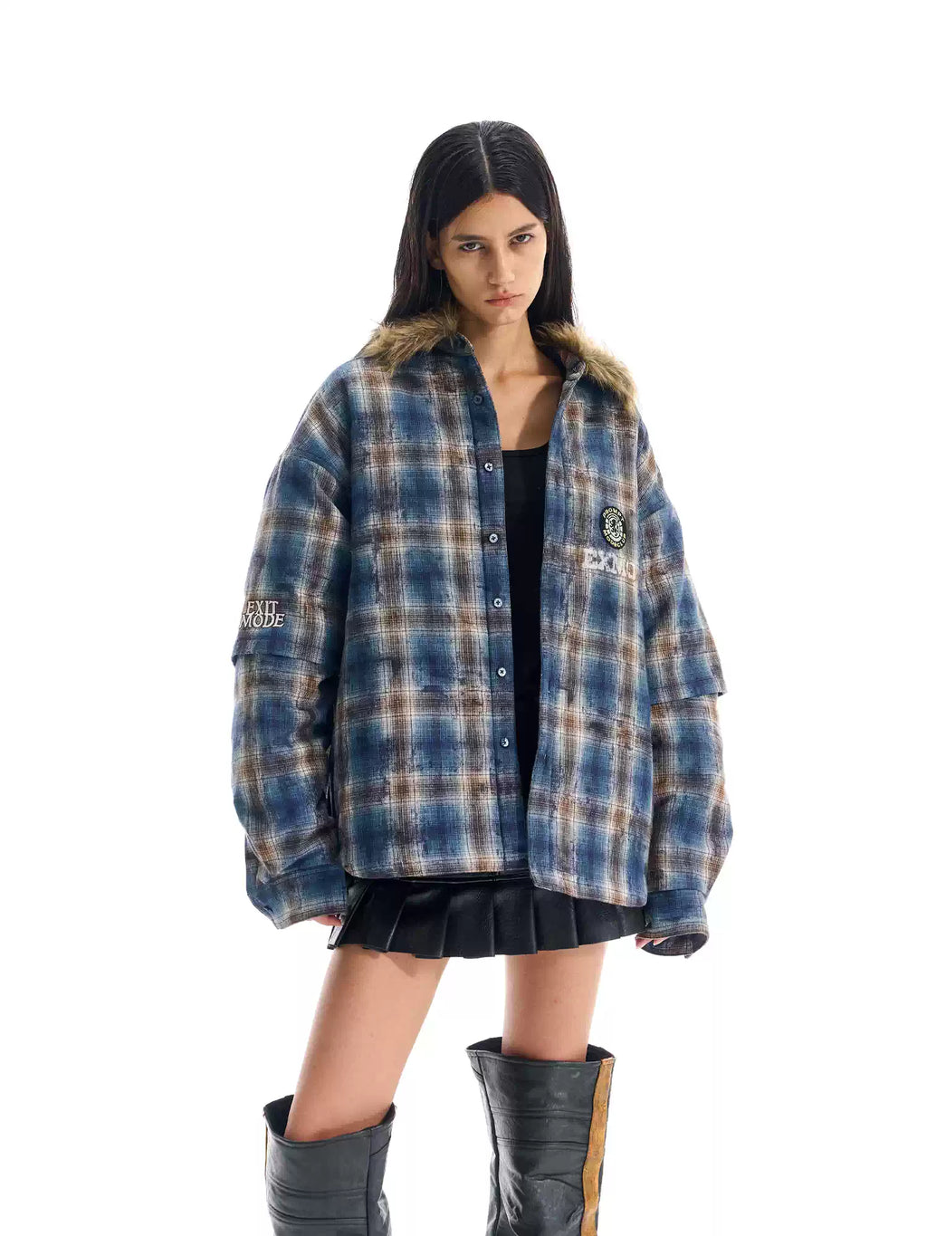 BLIND NO PLAN Fur Collar Plaid Padded Shirt Jacket