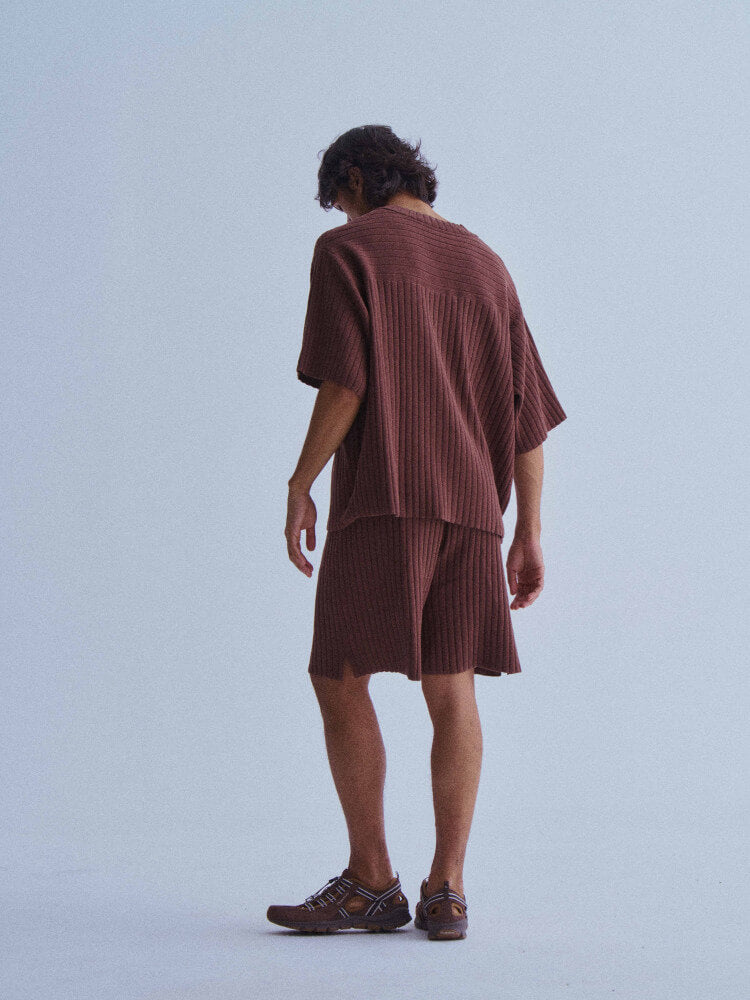 LIBERAFIT V Neck Ribbed Knit Short Sleeve Sweater