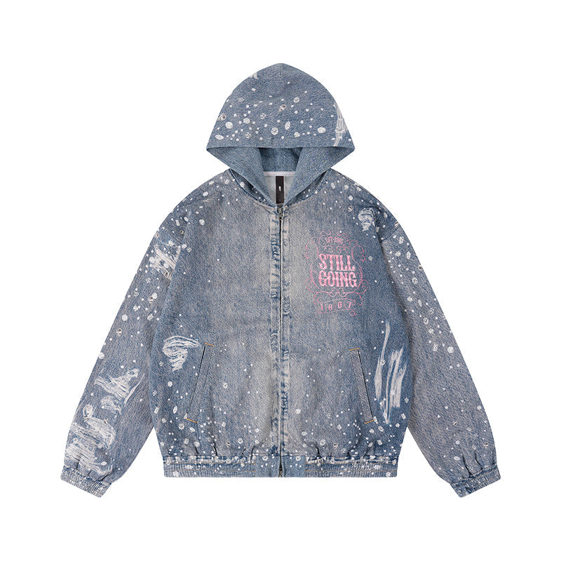 1807 Swarovski Crystal Diamond Denim Zip Up Hoodie