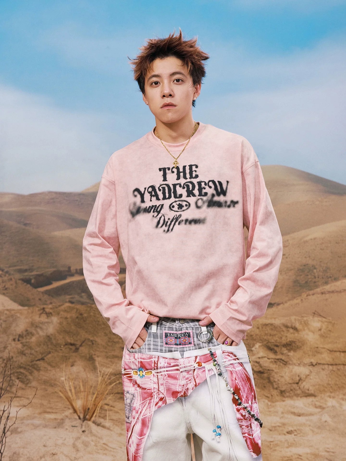 YADcrew Washed Ink Dyed Print Long Sleeve Tee