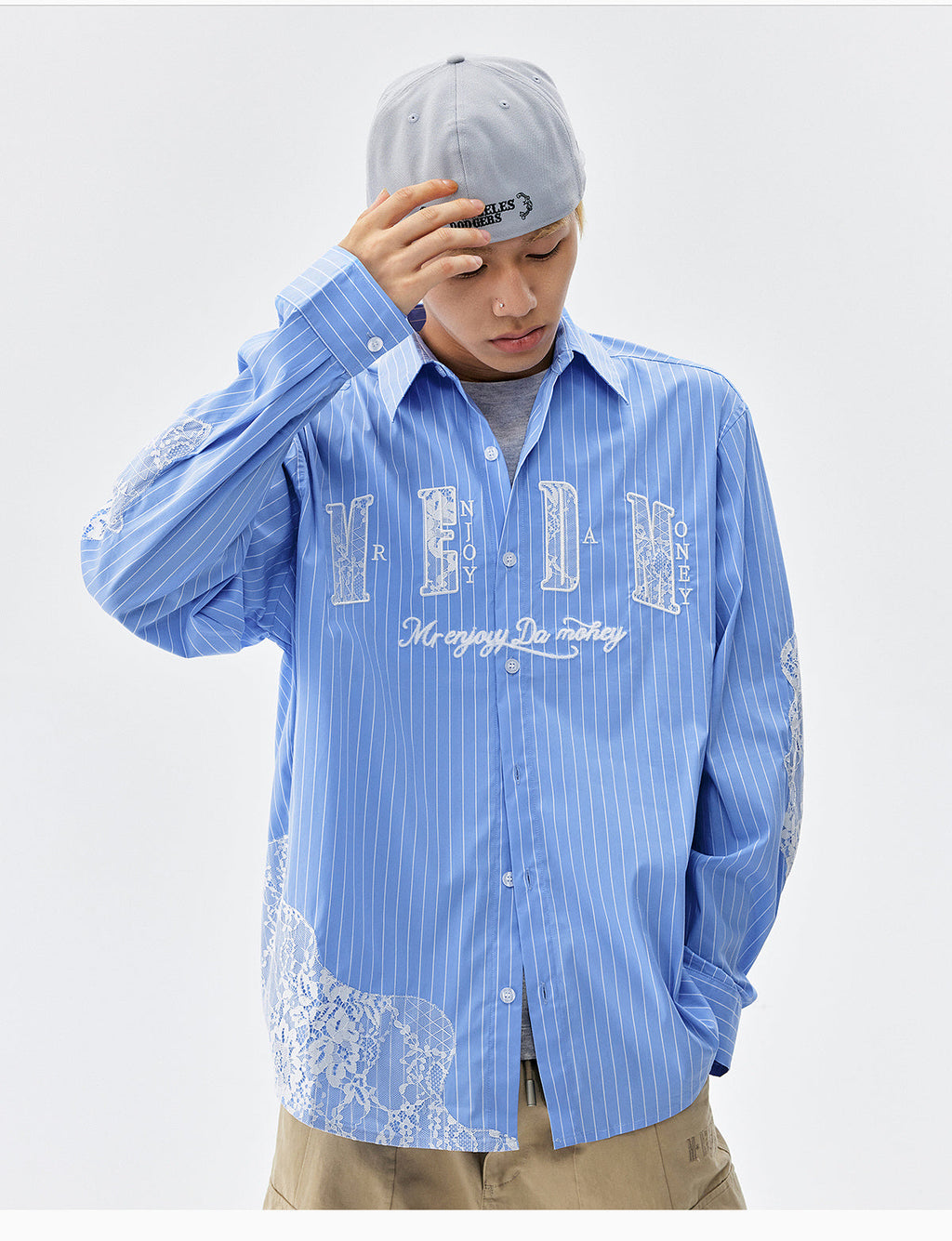 MEDM Lace Embroidered Striped Long Sleeve Shirt