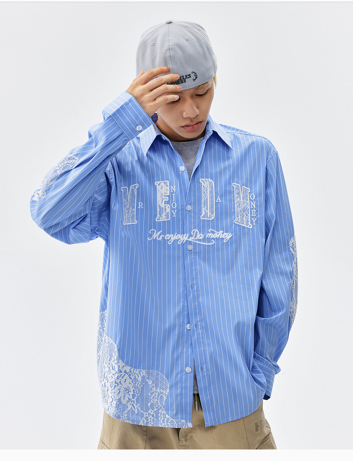 MEDM Lace Embroidered Striped Long Sleeve Shirt
