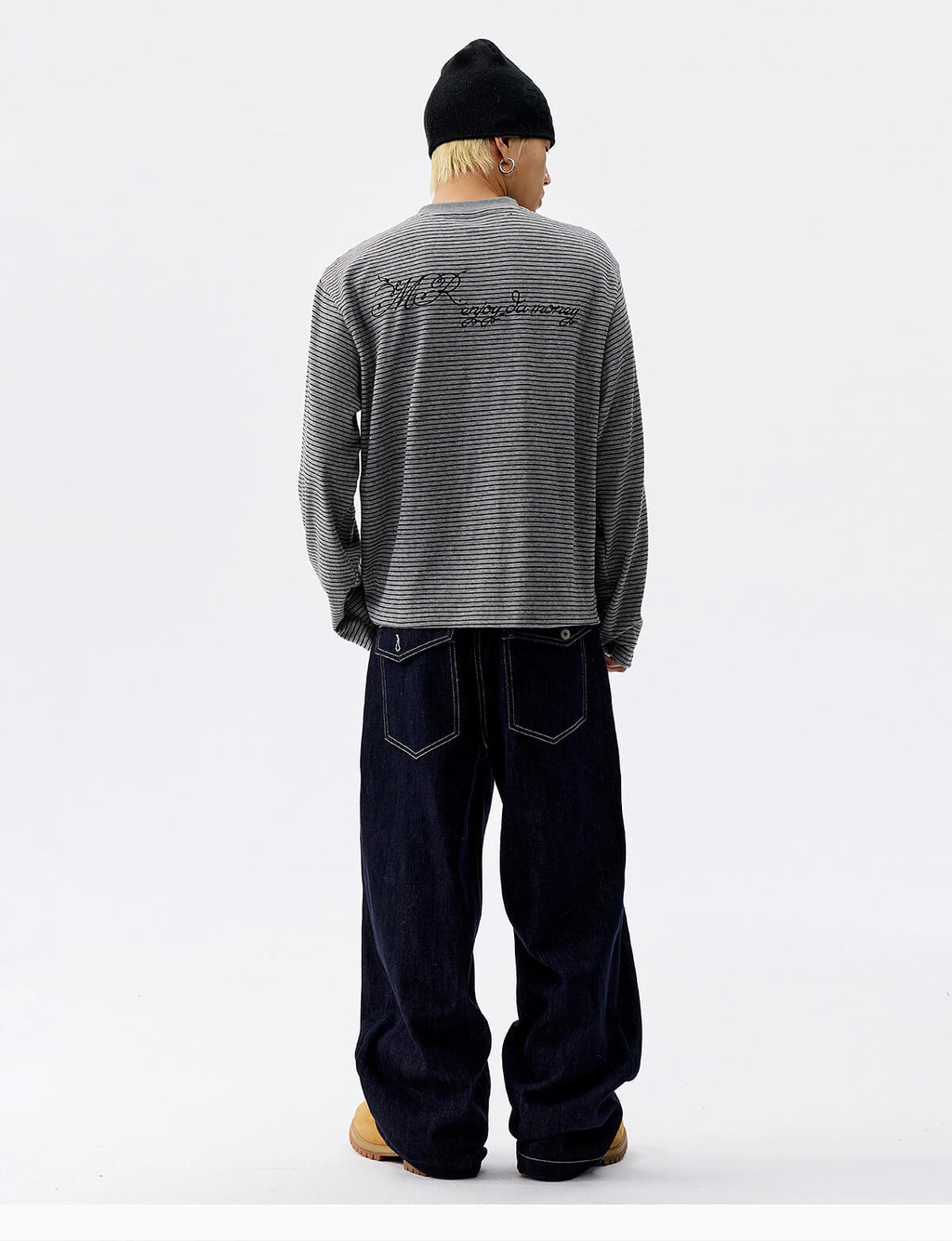 MEDM Rose Embroidered Striped Henley Long Sleeve Tee