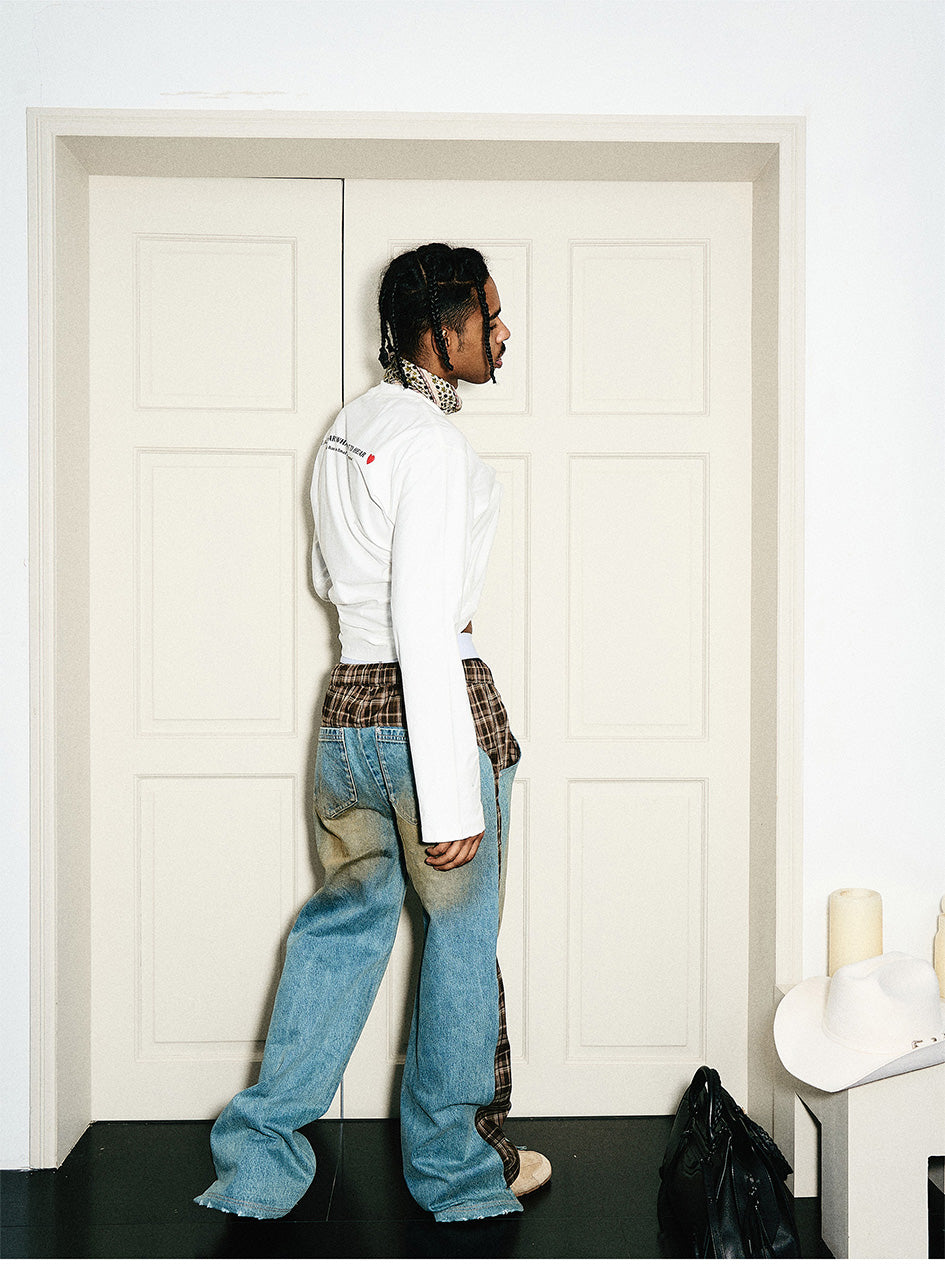 STEEPC Plaid Pattern Double Layer Jeans