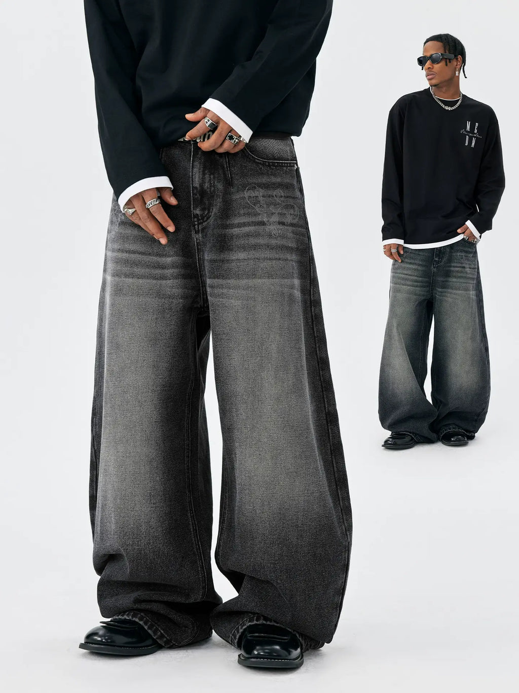 MEDM Flower Vine Laser Burnout Washed Machete Jeans