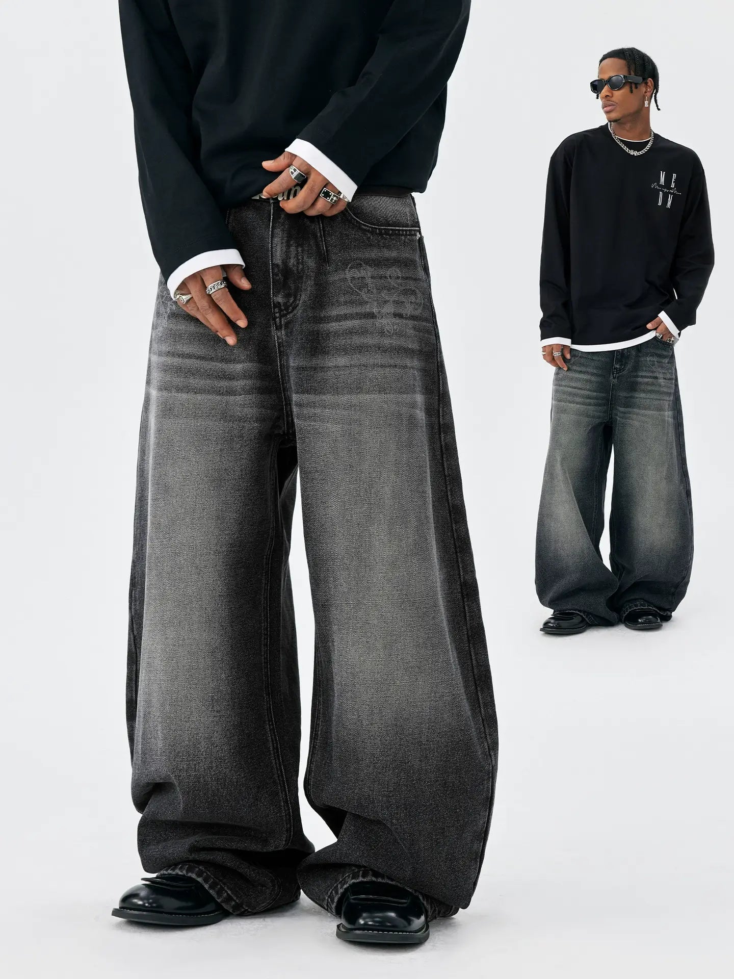 MEDM Flower Vine Laser Burnout Washed Machete Jeans